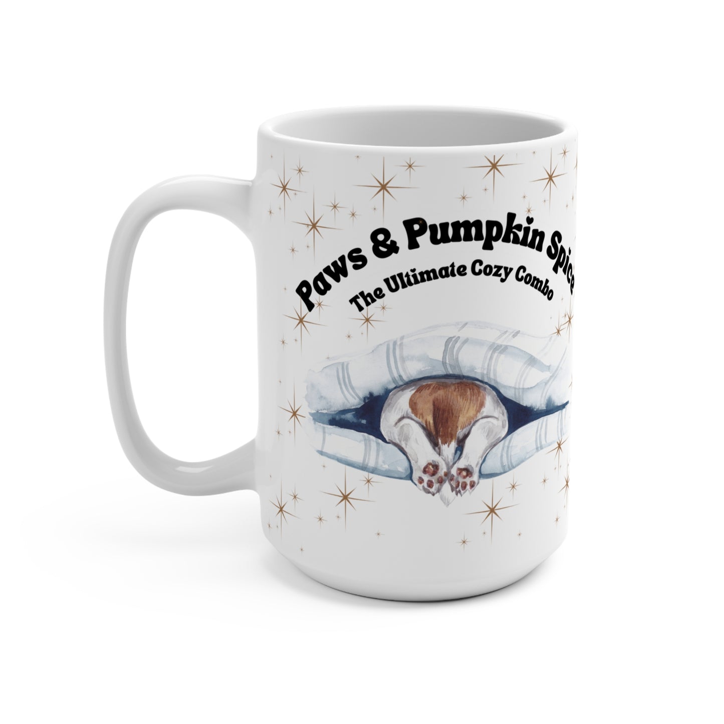 Paws & Pumpkin Spice The Ultimate Cozy Combo Coffee Mug 15oz Brown and White Dog