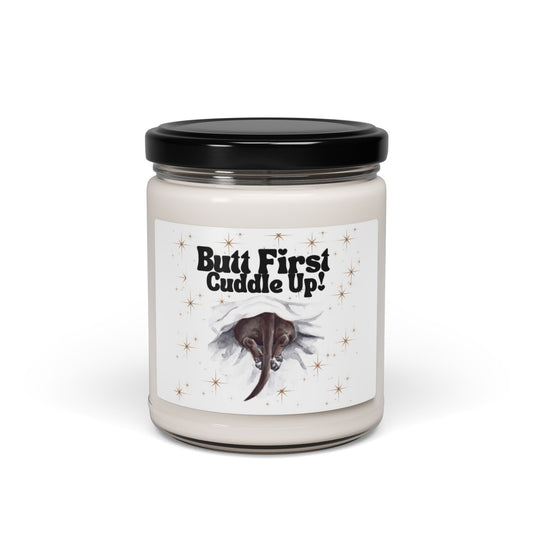 Butt First ! Cuddle Up Dog Soy Candle Black Dog Under Blankets Design